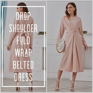 NWOT: Drop Shoulder Fold Wrap Belted Dress